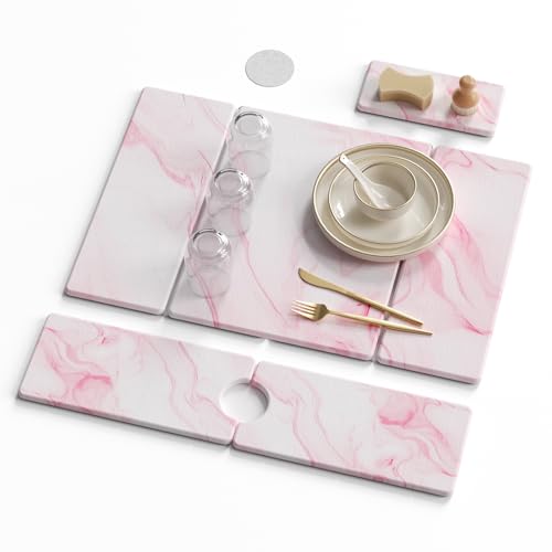 3 PCS Large Stone Dish Drying Mat for Kitchen Counter -24"x16" Absorbent Diatomaceous Earth Mat with Stone Faucet Mat & Soap Tray - Quick Dry, Collapsible, Non-Slip Countertop Organizer - color: PINK Marble