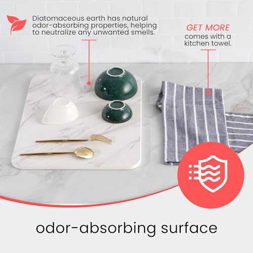 Stone Drying Mat for Kitchen Counter – Diatomaceous Earth Dish Drying Stone (White Marble) – Modern Countertop Drying Rack – Water Absorbent, Heat Resistant, Non-Slip Kitchen Mat with Towel (16"x12")