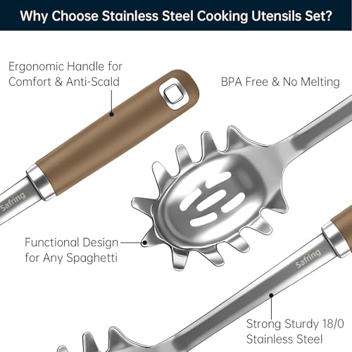 Safring Stainless Steel Soup Ladle and Spaghetti Spoon Set, Heat Resistant Rubber Handle, Dishwasher Safe, Kitchen Utensils for Cooking, Stirring, Serving Pasta, Soup & Sauce (Coffee) - color: Coffee