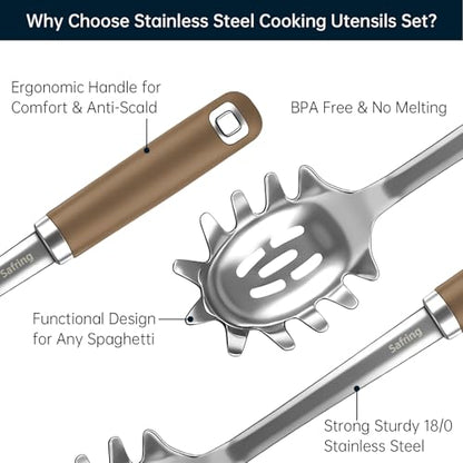 Safring Stainless Steel Soup Ladle and Spaghetti Spoon Set, Heat Resistant Rubber Handle, Dishwasher Safe, Kitchen Utensils for Cooking, Stirring, Serving Pasta, Soup & Sauce (Coffee) - color: Coffee