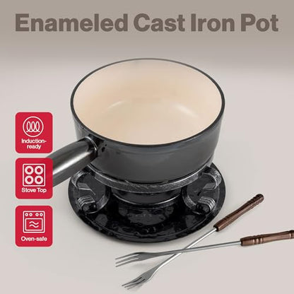 Swissmar Lugano Cast Iron Cheese Fondue Set, 9-Piece, 2 QT / 2 L - Ideal for Melting Cheese, Chocolates, Caramel, & More - Perfect for Kitchen Collection & Gift Giving - Metallic Black - color: Metallic Black