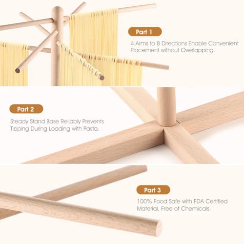 iSiLER Natural Beech Wood Pasta Drying Rack with 8 Branches, Easy to Transfer for Drying Pasta and Spaghetti, Special Suspension Design for Storage | Solid Food-Safe Beech Wood Construction, Quick Assembly & Foldable Space-Saving Design, Easy to Wipe Clea