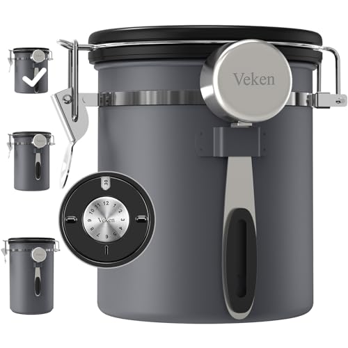 Veken Coffee Canister, Airtight Stainless Steel Kitchen Food Storage Container Holder for Beans, Ground, Tea, Flour, Cereal, Sugar, Espresso, Bar Accessories, Lids, Jars, Sealed Tin, Scoop,16OZ, Gray - color: Gray, size: 16 oz