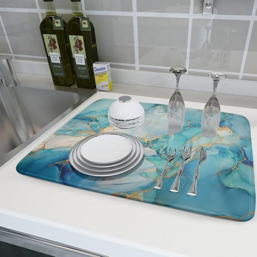 Marble Print Dish Drying Mat for Kitchen Counter,Blue Teal Turquoise Gold Drying Mat 18 x 24 Inch with Absorbent Reversible Microfiber Drying Pad for Coffee Bar - size: 18" x 24"