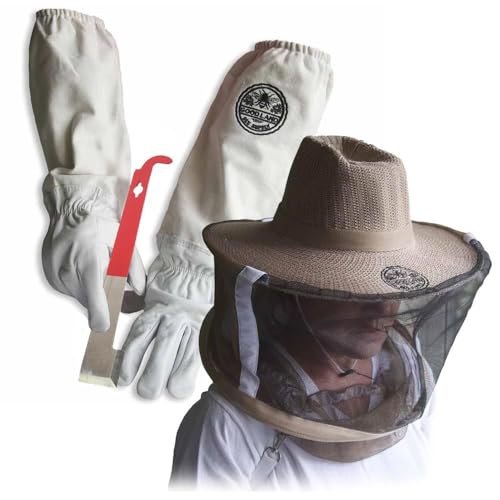GL-GLV-JHK-VL-XXL Sheep Skin Beekeeping Protective Gloves with Canvas Sleeves and Beekeeping Hat Includes Round Veil - XXL & J-Hook Beehive Scraper Tool