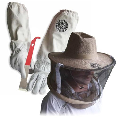 GL-GLV-JHK-VL-Large Sheep Skin Beekeeping Protective Gloves with Canvas Sleeves and Beekeeping Hat Includes Round Veil - Large & J-Hook Beehive Scraper Tool