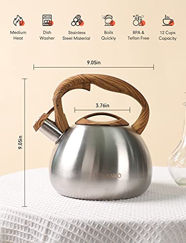 BELANKO 2.7 Quart Tea Kettle for Stovetops - Food Grade Stainless Steel Teapot with Loud Whistle, Cool-Touch Wood Pattern Handle, Rust-Resistant Whistling Kettle - Classic Silver - color: Classic Silver
