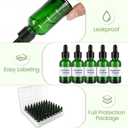 UPBUD 63 Pcs 1oz Green Glass Dropper Bottles with Measurement, 30ml Leakproof Tincture Bottles with Funnels, Eye Droppers, Extra Caps & Labels, Refillable Empty Bottles for Tinctures, Essential Oils - color: Green-1oz, size: 1oz