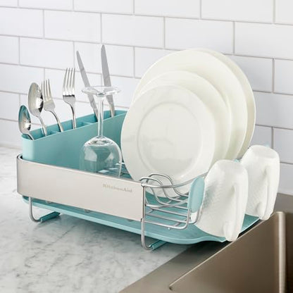 KitchenAid Compact Space Saving Rust Resistant Dish Rack with Removable Flatware Caddy and Angled Self Draining Drainboard, 12.63 x 15.87 x 5.54 Inch, Mineral Water - color: Mineral Water, size: Compact