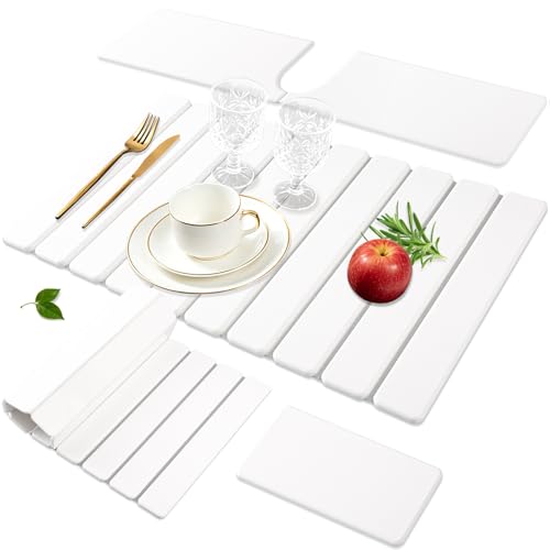 Diatomaceous Stone Drying Mat for Kitchen Counter with Sink Faucet Mat, White Absorbent Quick Dry Dish Drying Mat Set, Diatomite Stone Slat Countertop Pad for Dishes, Cups - color: White