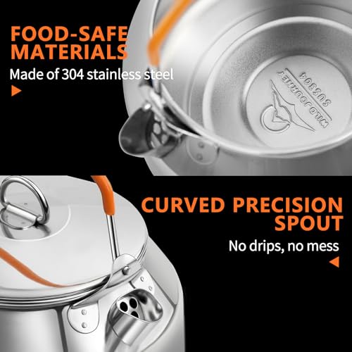 Camping Kettle Tea Pot, 1.4L Portable 304 Stainless Steel Coffee Kettle, Food Grade with Large Opening & Heat-Resistant Handle, Works on Gas, Induction, Open Flame, Electric Stove, Silver