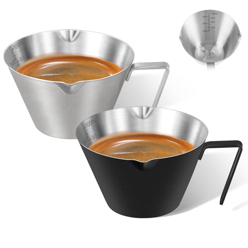 2Pcs Stainless Steel Espresso Cup, Double Spout Metal Espresso Measuring Cup with Handle, 3.4oz/100ml V-Shaped Mouth with Dual Scale (Silver+Black) - color: 07_ Silver 1pc + Black 1pc