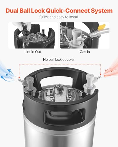 VEVOR Corny Keg, 5 Gallon Ball Lock Keg, SUS304 Cold Brew Kegs with Dual Rubber Handles & Heavy-Duty Rubber Bottom, Brewing Equipment for Home Brewing Party, 1 PCS - size: 5 Gal