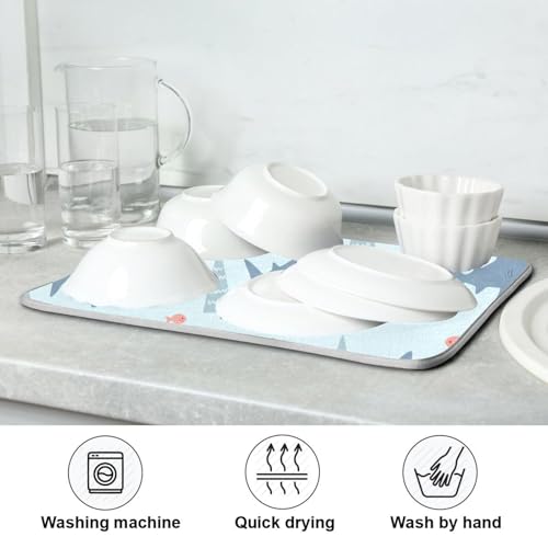 Sharks Fish Tree Blue Dish Drying Mat for Kitchen Counter Super Absorbent Draining Mat with Non-slip Backed Dishwashing Mat for Dish Bottles Cups Bowl Draining Racks Countertops Sinks