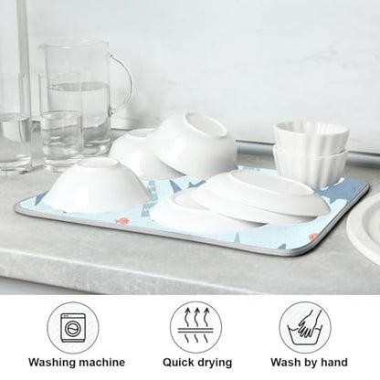 Sharks Fish Tree Blue Dish Drying Mat for Kitchen Counter Super Absorbent Draining Mat with Non-slip Backed Dishwashing Mat for Dish Bottles Cups Bowl Draining Racks Countertops Sinks