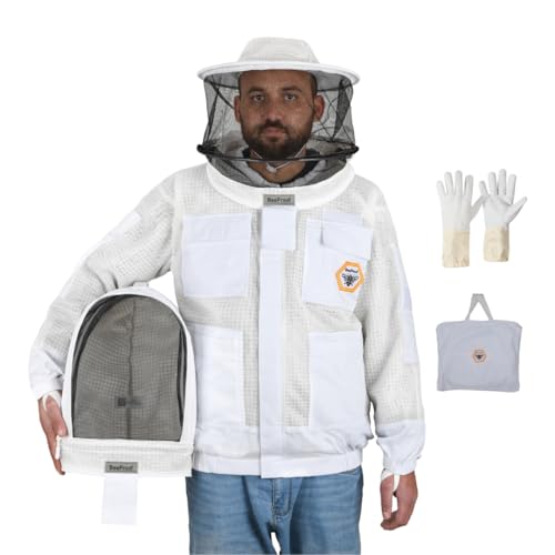 Beekeeping Jacket with Veil 3-Layer Ultra Ventilated 2 Veil Options (Fencing & Round) YKK Zippers Full Protection Suit Carrying Bag (BP-302-White)-XL - color: White 2 Veils, size: XL