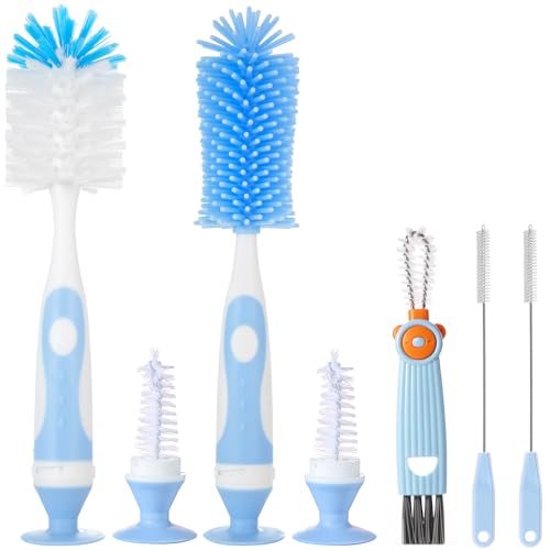Ariseno 5-in-1 Baby Bottle Brush Set, Including Nylon and Silicone Bottle Brush, Bottle Cap, Straw and Nipple Cleaner, BPA-Free (Blue) - color: Blue-nylon Silicone