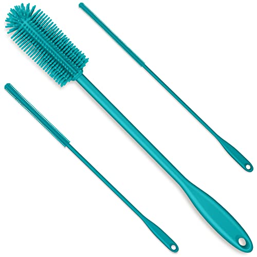3-in-1 Silicone Bottle Brush and Straw Cleaning Brush Set, Water Bottle Cleaner for Narrow Neck Containers, Tumblers, Flask, Vase and Glassware (Turquoise) - color: Turquoise