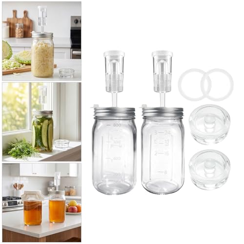 32oz Glass Fermentation Set Featuring Escape Mechanism and Adjustable Seal for Homemade Preserves Cabbage and Fermented Tea Kimchi Making Container