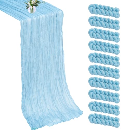 10 Pack Baby Blue Cheesecloth Table Runner -21*120Inch Long Boho Wedding Table Decor, Rustic Gauze Fabric Runner for Bridal Showers, Baby Showers & Parties (Sheer, Lightweight, Wrinkled Design) - color: Baby Blue, size: 120*21-10pack
