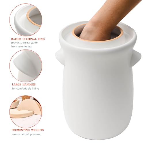 Fermentation Crock 3.8Liter/1 Gallon Stoneware Pot for Fermenting, Pickling Kimchi, Pickles, Vegetables, Kombucha - Glazed Fermenter with Stone Weights, Lid & Pickle Tamper-White Crock - color: White