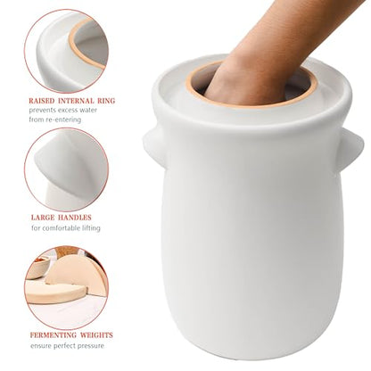 Fermentation Crock 3.8Liter/1 Gallon Stoneware Pot for Fermenting, Pickling Kimchi, Pickles, Vegetables, Kombucha - Glazed Fermenter with Stone Weights, Lid & Pickle Tamper-White Crock - color: White