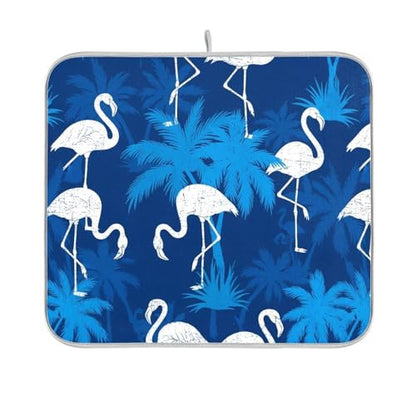 Flamingo Palm Trees Blue Dish Drying Mat for Kitchen Counter Super Absorbent Draining Mat with Non-slip Backed Dishwashing Mat for Dish Bottles Cups Bowl Countertops Sinks Draining Racks