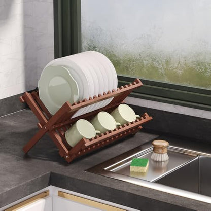 VERTORGAN Teak Dish Drying Rack,Folding Collapsible Drainer Plate Organizer Holder for Kitchen,Foldable Spice Rack for Countertop and Cabinet,Pantry Organization and Storage