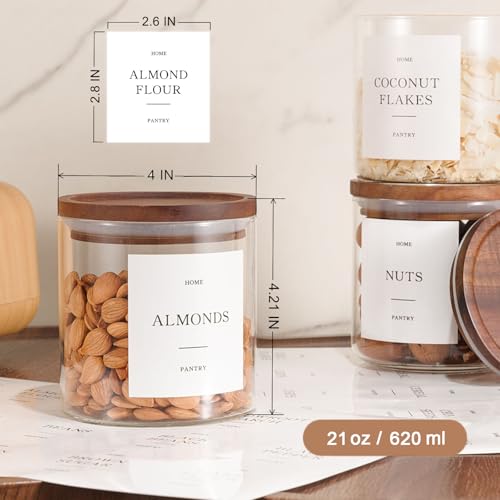 Set of 6 Glass Pantry Jars with Acacia Wood Lids, 21oz Airtight Pantry Storage Containers with 105 Labels, Glass Kitchen Canisters for Coffee, Tea, Sugar, Spice - size: 21oz 6 Pack