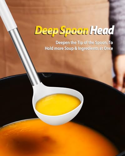 Silicone Pasta Fork and Ladle Spoon Set, Large Non Stick Kitchen Utensils for Cooking,Stirring,Serving Spaghetti, Soup, Sauce (WHITE) - color: White