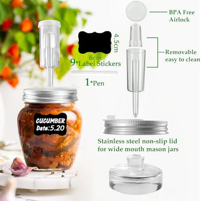 Fermentation Kit for Wide Mouth Mason Fermentation Jar, Fermentation Kit with 4 Glass Fermentation Weights,4 Fermenting Lids,4 Airlocks,5 Silicone Gaskets,6 Silicone Grommets, 9 Stickers（No Jars）