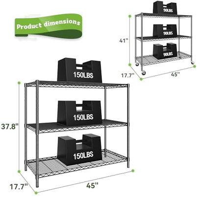 DurayLoly 3 Tier Metal Shelving Unit Adjustable Storage Shelves,Heavy Duty Shelf with Wheels for Kitchen,Office,Bathroom,Easy Assembly Wire Shelving for Laundry,Garage,45" W x 17.7" D x 41" H,Black. - color: Black