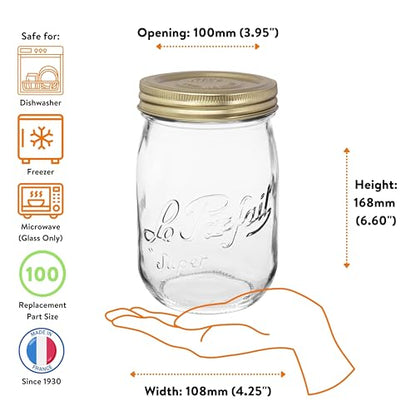 Le Parfait Eco-Friendly Zero Waste Wide Mouth Glass Jar with Airtight Screw Top Lid – Reusable French Storage Jar for Food, Soup, Flour, Sugar, Canning & Baking (1L/32oz, 1 Pack, Gold 2-Piece Lid) - color: 1L-Gold (Single)