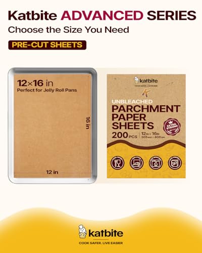 Katbite 200Pcs 12x16 In Unbleached Parchment Paper for Baking, Precut Parchment Paper Sheets, Heavy Duty Flat Baking Paper, Half Sheet Baking Sheets for Baking Cookies, Cooking, Air Fryer, Oven - color: 12"x16"-200