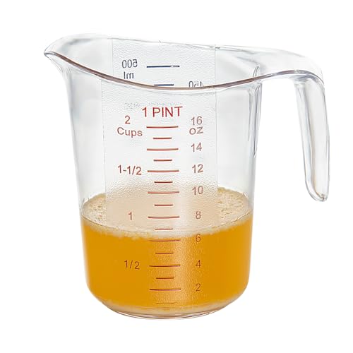 Restaurantware RW Base 1 Pint Measuring Jar 1 Durable Measuring Beaker - Metric And Imperial Units V-Shaped Spout Clear Plastic Measuring Cup Handle With Thumb-Grip Tolerates Up To 248F - color: Clear, size: 5.25" × 3.75" × 5.00"