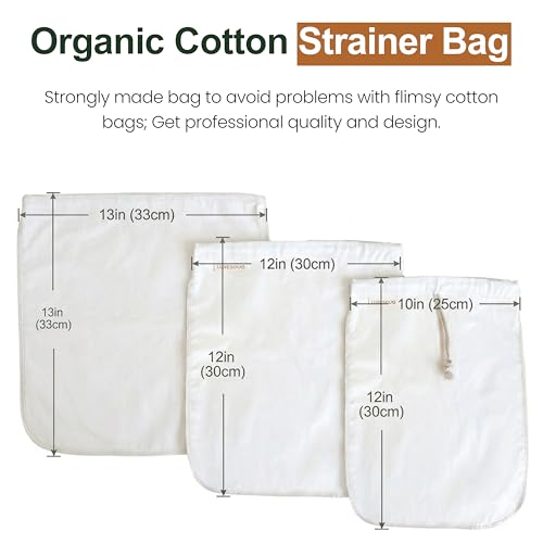 Organic Cotton Nut Milk Bags 3 Pack (10x12, 12x12, 13x13) Reusable Food Grade Fine Mesh Strainer for Almond Milk, Oat Milk, Cold Brew Coffee, Yogurt, Juice, Tea, Cheesecloth, Unbleached Cotton