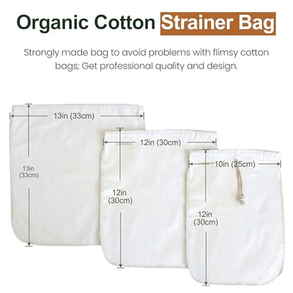 Organic Cotton Nut Milk Bags 3 Pack (10x12, 12x12, 13x13) Reusable Food Grade Fine Mesh Strainer for Almond Milk, Oat Milk, Cold Brew Coffee, Yogurt, Juice, Tea, Cheesecloth, Unbleached Cotton