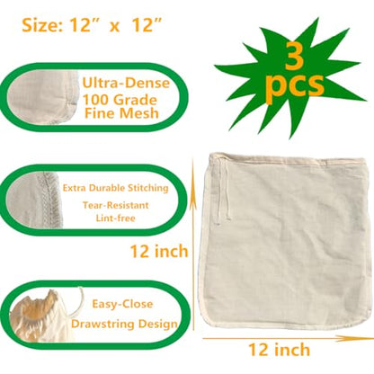 Nut Milk Bag,Cheese Cloths Bag for Straining,Unbleached Cotton Reusable Ultra-dense Cheesecloth Strainer Bag for Juicing Almond Oat Soy Milk Yogurt Butter Wine Cooking Jelly Turkey(3 pc,12"x 12")