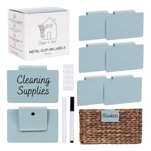 Hygge & Sage: Metal Bin Labels for Home Organization | Non-Slip Basket Clips for Storage Bins, Baskets, or Wire Racks | Includes 8 Labels, 8 Non-Slip Pads, and 2 Free Markers (Blue) - color: Blue