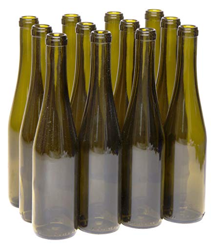 North Mountain Supply - W17-AG 375ml Glass Stretch Hock Wine Bottle Flat-Bottomed Cork Finish - Case of 12 (Antique Green) - color: Antique Green