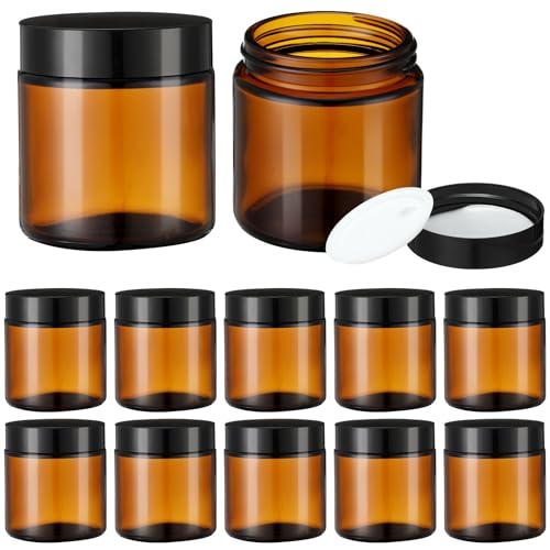 Classic Amber Glass Jars with Black Lids, 12 Pcs 4 oz, Leakproof, Round, Airtight, Cosmetic Jars for Candle Making, Storing Lotions, Spice Powder, Liquid Sample, Makeup - color: Amber, size: 4 oz(12 Pcs)