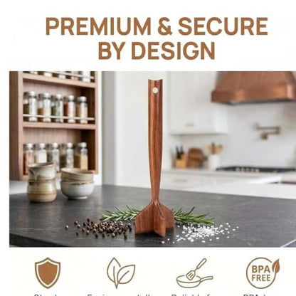 Teak Wooden Meat Masher Chopper, Wood Meat Chopper and Hamburger Smasher Tool, Chicken Shredder Tool, 10.5 Inch Heat-Resistant Non-Scratch Wooden Meat Masher (1Pc)