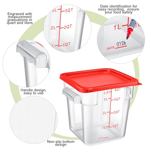 Maxcheck 4 Pcs 4qt Food Storage Container with Lids Bulk Clear Plastic Commercial Food Storage Bins with Scale Handle Space Saving Restaurant Tubs for Kitchen Prep Proof Dough(Red) - color: Red