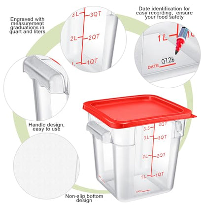 Maxcheck 4 Pcs 4qt Food Storage Container with Lids Bulk Clear Plastic Commercial Food Storage Bins with Scale Handle Space Saving Restaurant Tubs for Kitchen Prep Proof Dough(Red) - color: Red