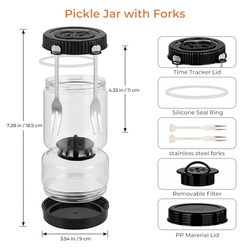 Pickle Jar with Strainer Flip, Pickle Container with Strainer with Two Forks, Airtight Glass Pickle Jar for Fermentation, Olive Jar with Date Tracker Lid, Jalapeno Container with Gas Port (Black) - color: Black