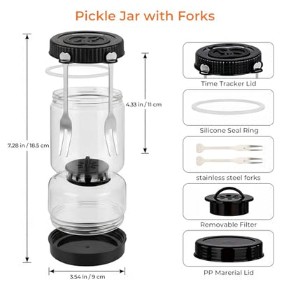 Pickle Jar with Strainer Flip, Pickle Container with Strainer with Two Forks, Airtight Glass Pickle Jar for Fermentation, Olive Jar with Date Tracker Lid, Jalapeno Container with Gas Port (Black) - color: Black