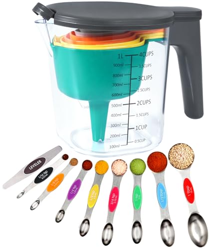 19-Pc Magnetic Measuring Cups and Spoons Set, with Lid, Rainbow | Includes 1 cover, 9 stackable cups set & 9 multicolor magnetic spoons, BPA-free & dishwasher safe, for liquid & dry baking - color: 19 Piece - Rainbow