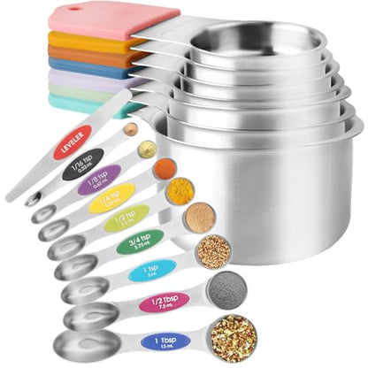 Magnetic Measuring Cups and Spoons Set of 16, 7 Stainless Steel Measuring Cups, 8 Double-Sided Measuring Spoons with 1 Leveler, Color Coded Handles, Dual Markings for Dry and Liquid Ingredients - color: Silver