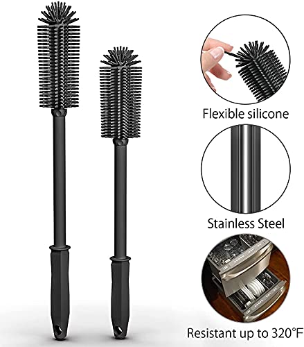 Long Silicone Bottle Cleaning Brush | 2 Pack| 16”+13”Water Bottle Brush Cleaner Brush for Hydro Flask,Glassware,Vacuum Sports Bottle&Vases,Silicone Water Bottle Cleaner Brush for Narrow Neck - color: Black