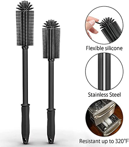 Long Silicone Bottle Cleaning Brush | 2 Pack| 16”+13”Water Bottle Brush Cleaner Brush for Hydro Flask,Glassware,Vacuum Sports Bottle&Vases,Silicone Water Bottle Cleaner Brush for Narrow Neck - color: Black